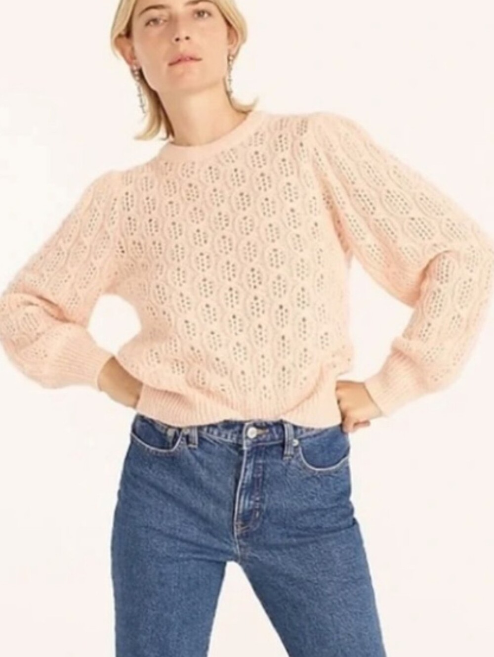 J. Crew Light Pink Pointelle Open Knit Puff Sleeve Alpaca Blend Feminine Sweater